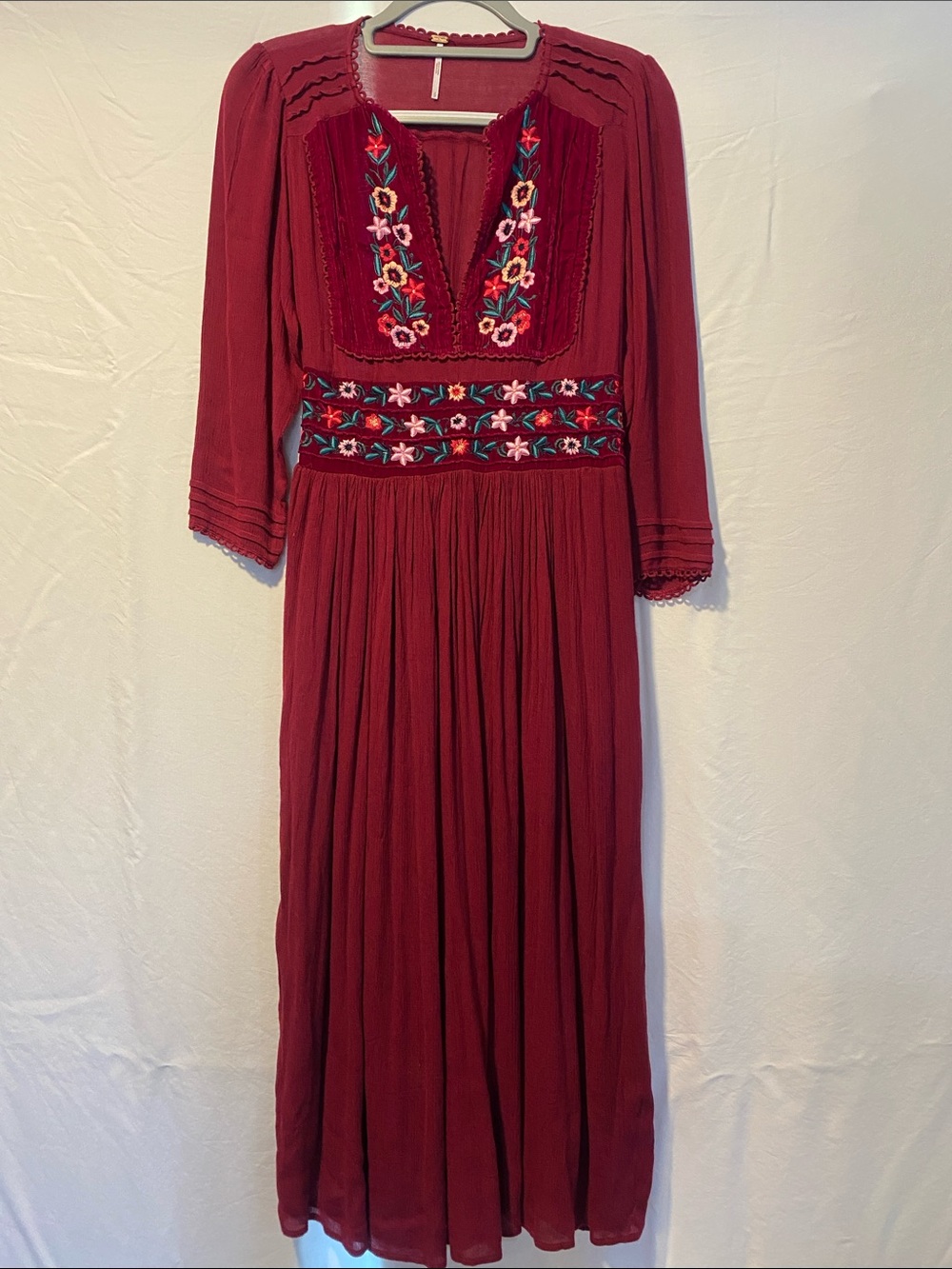 Free People Deep Red Embroidered V-Neck Maxi Dress